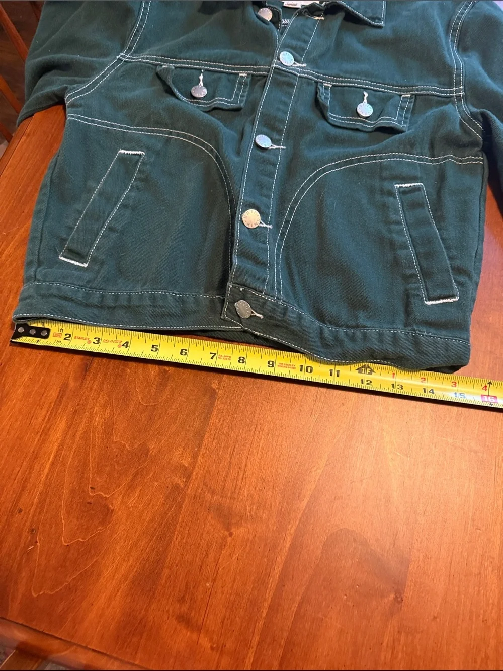 UNIF Green Denim Jacket Contrast White Topstitching Silver-Tone Buttons Small